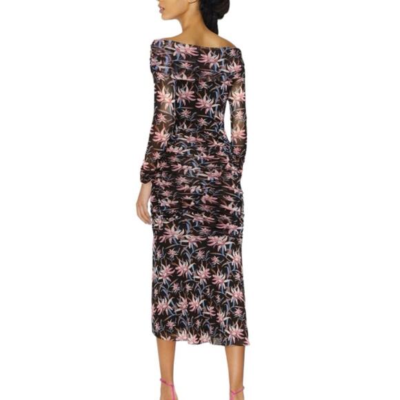 Diane Von Furstenberg Floral Off the Shoulder Ruched Dress Black Size Medium - Picture 2 of 8